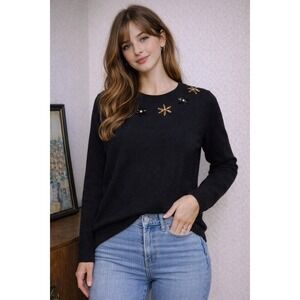 Le Superbe Embellished Crystal Neck Sweater Wool Black Statement Knit Women's S
